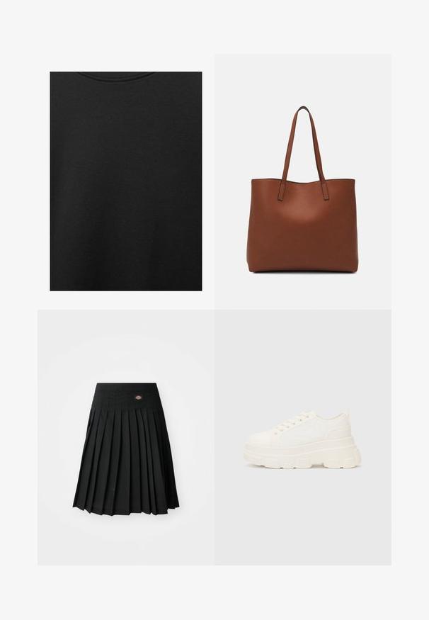 Černá bavlněná tkanina s hladkým povrchem a kulatým výstřihem, s jemným, rovnoměrným zrnem. Žádné viditelné loga ani akcenty.; Černá skládací sukně s plochým pasem a malým logem. Vyrobena z látky s hladkou strukturou, se spoustou vertikálních skladeb.; Bílé plátěné tenisky s robustní podrážkou, zaoblenou špičkou a pěti otvory pro tkaničky. Zádový pásek pro snadné obouvání. Hladký povrch, minimalistický design.; Hnědá kožená taška přes rameno s hladkou texturou, otevřeným designem a dvěma ramenními popruhy. Obsahuje minimální švy a žádné viditelné kovové prvky.