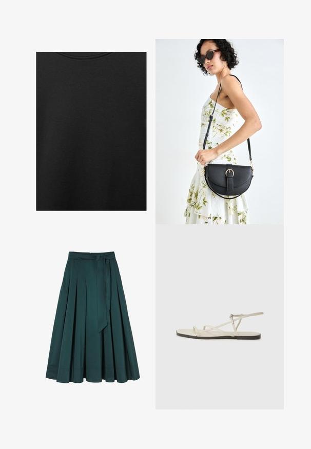 Black cotton fabric with smooth texture and a round neckline, featuring a subtle, even grain pattern. No visible logos or accents.; Teal midi skirt made of smooth fabric, featuring pleats, a waistband with belt loops, and a tied belt. Hem is straight with stitching details.; Beige flat sandal with multiple slender straps and an adjustable buckle. The sole is flat with a slight dark contrast at the edge.; Black leather handbag with a curved shape, detachable strap, and gold hardware. The bag features a flap with a buckle detail.