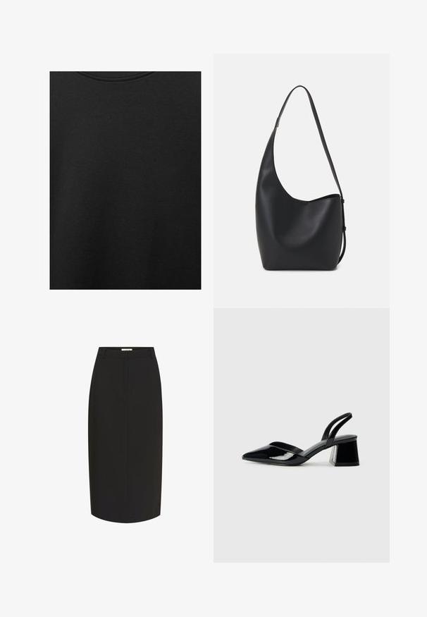 Crni pamučni materijal s glatkom teksturom i okruglim izrezom, s nježnim, ravnomjernim uzorkom. Nema vidljivih logotipa ili akcenata.; Crna olovka suknja od glatkog materijala. Ima uski dizajn, srednju duljinu, petlje za remen i skriveni zatvarač na stražnjoj strani.; Crne lakirane kožne sandale s otvorenom petom i špicastim vrhom, s geometrijskom blok petom. Imaju elegantan, minimalistički dizajn i glatku teksturu.; Crna kožna hobo torba s glatkom teksturom, zakrivljenim oblikom i jednom podesivom trakicom; ima širok otvor na vrhu.