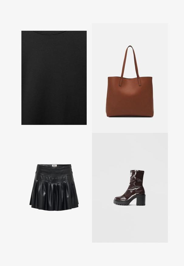 Zwarte katoen stof met een soepele textuur en een ronde halslijn, met een subtiele, gelijkmatige nerfpatroon. Geen zichtbare logo's of accenten.; Zwarte nep leren rok met plooien, een aansluitende taille en decoratieve hardware aan de zijkanten. Glad materiaal met een glanzende afwerking.; Glanzende bordeauxrode enkelboot met een chunky zwarte hak, met een gladde textuur en een eenvoudig ontwerp. Geen zichtbare sluitingen of patronen.; Bruine leren tote bag met een gladde textuur, een ontwerp met een open bovenkant en twee schouderbanden. Kenmerkt zich door minimale stiksels en geen zichtbare hardware.
