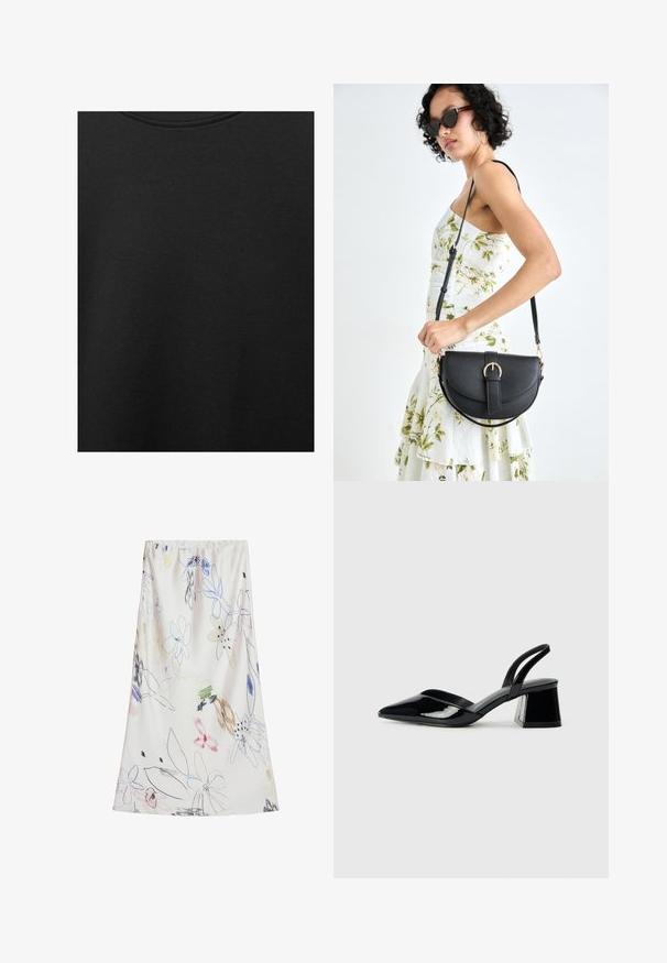 Schwarzer Baumwollstoff mit glatter Textur und Rundhalsausschnitt, der ein dezentes, gleichmäßiges Strukturmuster aufweist. Keine sichtbaren Logos oder Akzente.; Desigual WITH STROKES - Maxirock - beige; Schwarze Lackleder-Slingback-High Heels mit spitzem Schuh und einem geometrischen Blockabsatz. Verfügt über ein schlankes, minimalistisches Design und eine glatte Textur.; Schwarze Lederhandtasche mit geschwungener Form, abnehmbarem Tragegurt und goldenen Beschlägen. Die Tasche verfügt über einen Deckel mit einer Schnallen-Details.