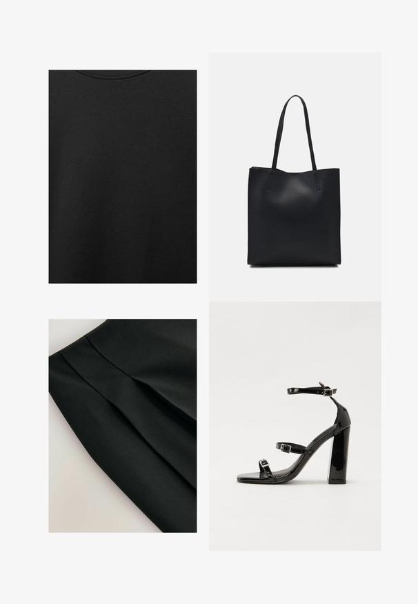 Črn bombažni material z gladko teksturo in okroglo izrezom, ki ima subtilen, enakomeren vzorec. Brez vidnih logotipov ali akcentov.; Črna krila s plitvimi naborki, izdelana iz gladkega materiala. Ima čisto zasnovo in teksturirano površino, ki poudarja strukturo in obliko.; Črne lakirane sandale s peto, kvadratnim prstom, trakovi okrog gležnja in srebrnimi zaponkami. Opremljene so s stabilno Debelo peto.; Črna usnjena torba s svilnato teksturo, pravokotne oblike in dvema dolgima ročajema. Brez vidnih metalnih delov ali okrasnih elementov.