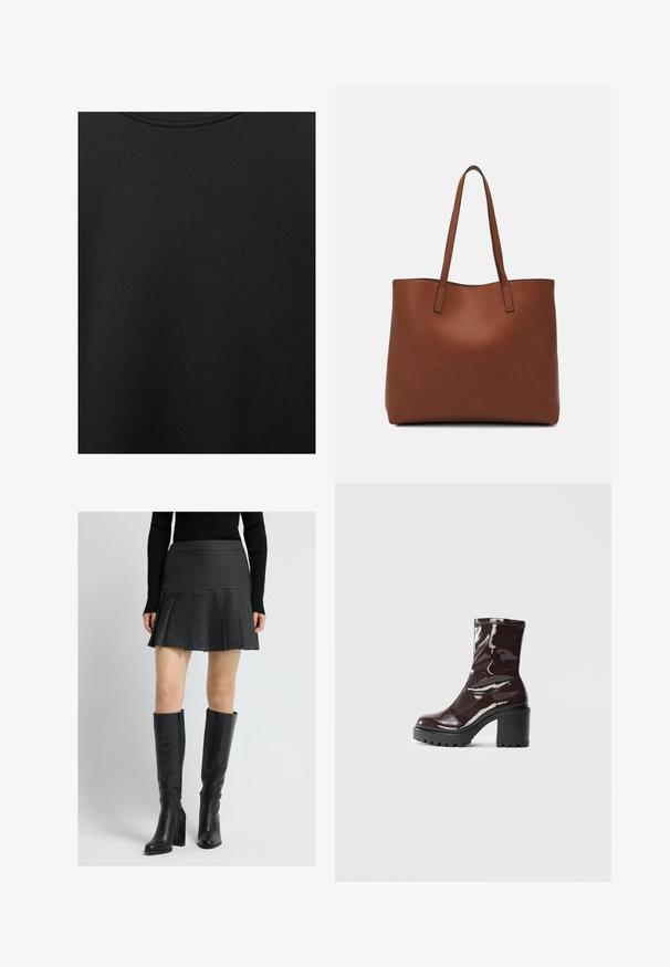 Zwarte katoen stof met een soepele textuur en een ronde halslijn, met een subtiele, gelijkmatige nerfpatroon. Geen zichtbare logo's of accenten.; Grijze geplooide rok met een gestructureerde stof, gecombineerd met kniehoge zwarte leren laarzen met ritsluiting en blokhakken.; Glanzende bordeauxrode enkelboot met een chunky zwarte hak, met een gladde textuur en een eenvoudig ontwerp. Geen zichtbare sluitingen of patronen.; Bruine leren tote bag met een gladde textuur, een ontwerp met een open bovenkant en twee schouderbanden. Kenmerkt zich door minimale stiksels en geen zichtbare hardware.