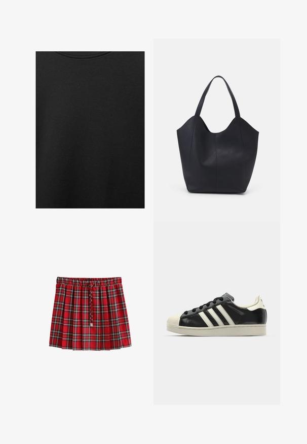 Črn bombažni material z gladko teksturo in okroglo izrezom, ki ima subtilen, enakomeren vzorec. Brez vidnih logotipov ali akcentov.; Rdeča karirana plisirana krila z črno-belo kontrolno vzorcem in pletenim vezalnim vrvico na elastičnem pasu.; Črne usnjene superge z belimi črtami, gumijastim pokrovom za prste, črnimi vezalkami in kremasto obrobo podplata. Gladka tekstura z sijočim zaključkom.; Črna torba v obliki tote iz gladke usnjene površine, ki ima ukrivljen odprt vrh z dvema naramnicama in minimalističnim dizajnom.
