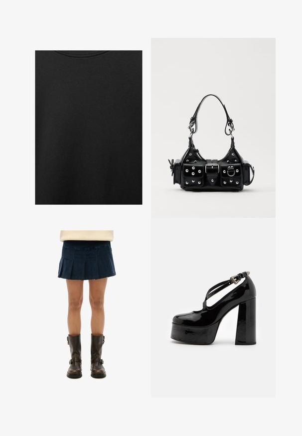 Sort bomuldsstof med glat struktur og rund halsudskæring, prydet med et subtilt, jævnt kornmønster. Ingen synlige logoer eller accenter.; Marineblå plisseret miniskørt i blødt stof, parret med knæhøje brune læderstøvler med spænder. Skørtet har et struktureret design.; The Kooples CHAUSSURES - Højhælede pumps - black; Sort læderhåndtaske med et buet design, prydet med sølvfarvede nitter, en spænde og to sidelommer. Justerbar rem til forskellige bære muligheder.