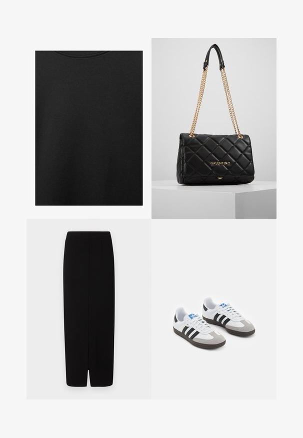 Schwarzer Baumwollstoff mit glatter Textur und Rundhalsausschnitt, der ein dezentes, gleichmäßiges Strukturmuster aufweist. Keine sichtbaren Logos oder Akzente.; Schwarzer Bleistiftrock aus glattem Stoff, mit hoher Taille, zwei vorderen Falten und einem Schlitz am Saum für Bewegungsfreiheit.; Sportschuhe mit einem Obermaterial aus weißem Leder, grauer Wildleder-Zehenkappe und drei schwarzen Streifen. Sie verfügen über ein blaues Logo auf der Zunge und eine strukturierte Gummisohle.; Schwarze, gesteppte Leder-Handtasche mit goldener Kettenriemen und Logo-Detail. Rechteckige Form, glatte Textur, mit einem Klappenverschluss.