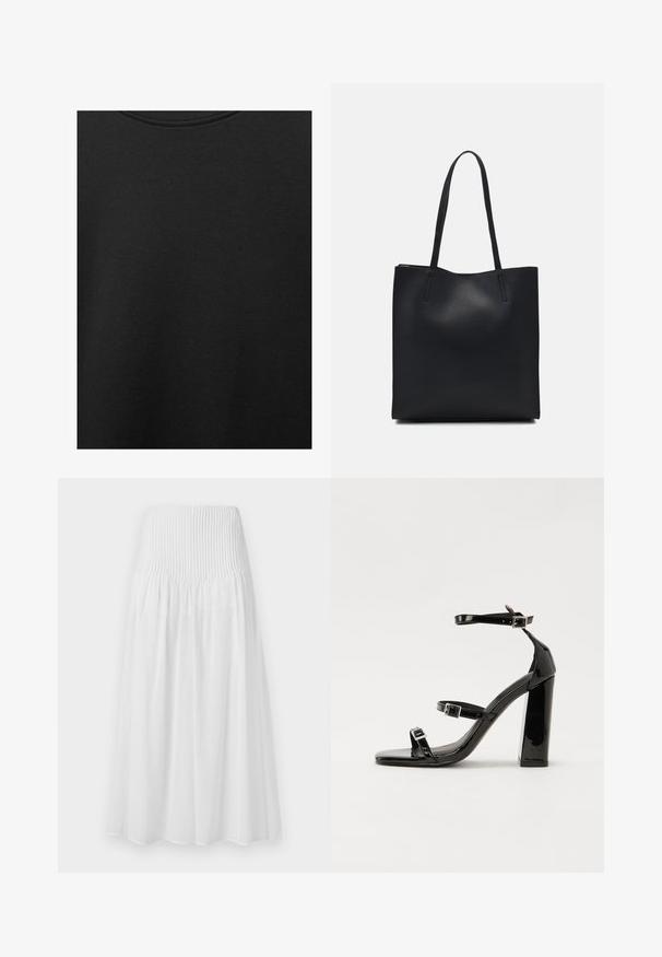 Crni pamučni materijal s glatkom teksturom i okruglim izrezom, s nježnim, ravnomjernim uzorkom. Nema vidljivih logotipa ili akcenata.; Bijela midi suknja s smoćenim strukom, laganom tkaninom i lepršavim siluetom. Glatka tekstura bez vidljivih uzoraka ili naglasaka.; Crne lakirane sandale na pete sa kvadratnim nosom, trakama oko gležnja i srebrnim kopčama. Imaju čvrst blok petu za stabilnost.; Crna kožna torba za nošenje s glatkom teksturom, pravokutnim oblikom i dvije duge ručke. Nema vidljivih metalnih dijelova ili ukrasa.