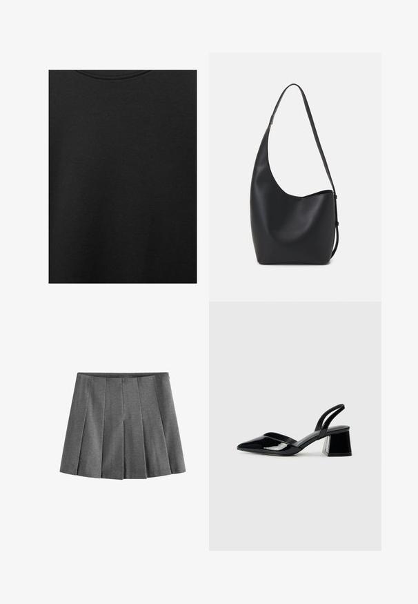 Črn bombažni material z gladko teksturo in okroglo izrezom, ki ima subtilen, enakomeren vzorec. Brez vidnih logotipov ali akcentov.; Siva plisirana krila iz mehke tkanine, ki ima enakomerno razporejene nožnice in pas za oprijet videz.; Črne lakirane slingback pete s koničastim nosom in geometrijsko blokasto peto. Imajo eleganten, minimalističen dizajn in gladko teksturo.; Črna usnjena hobo torba z gladko teksturo, ukrivljeno obliko in eno nastavljivo naramnico; ima širok odprtina na vrhu.