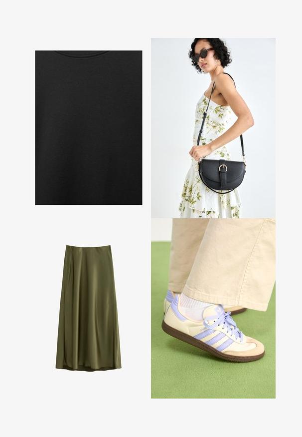Tissu en coton noir avec une texture lisse et un col rond, présentant un motif grainé subtil et uniforme. Pas de logos ou d'accents visibles.; Une jupe olive de longueur genou, en tissu lisse avec une coupe droite et une taille élastique, présentant un éclat subtil.; Baskets crème et lavande avec trois bandes et une semelle marron texturée, dotées de lacets et d'un talon rembourré. Tige en tissu doux.; Sac à main en cuir noir avec une forme courbée, bandoulière amovible et des accessoires en or. Le sac est doté d'un rabat avec un détail de boucle.