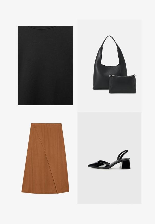 Fekete pamut anyag sima textúrával és kerek nyakkivágással, finom, egyenletes szemcsés mintázattal. Nincsenek látható logók vagy díszítések.; Barna, térd középig érő, puha anyagból készült átkapcsolható szoknya. Aszimmetrikus kialakítással rendelkezik, oldalvarrás részletekkel és sima textúrával.; Fekete lakk bőr szandálkés magas sarkú cipő, hegyes orral és geometrikus tömbsarkakkal. Karcsú, minimalista dizájn és sima textúra jellemzi.; Even&Odd SET - Kézitáska - black