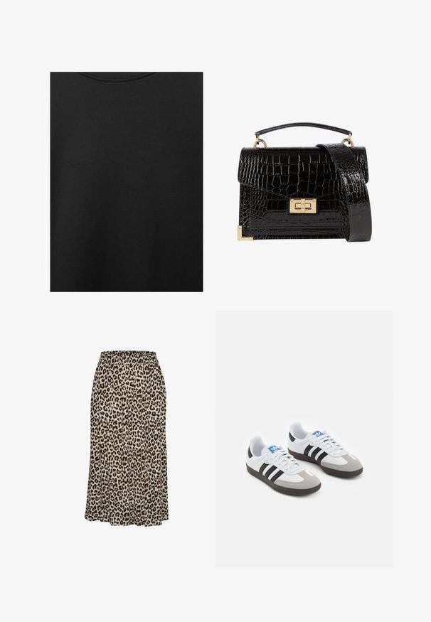 Czarna bawełniana tkanina o gładkiej teksturze i okrągłym dekolcie, z delikatnym, równomiernym wzorem włókna. Brak widocznych logo lub akcentów.; Spódnica w panterkę wykonana z lekkiego materiału, z elastycznym pasem i rozszerzającym się krojem, sięgająca do połowy łydki.; Buty sportowe z białą skórzaną cholewką, szarym zamszowym noskiem i trzema czarnymi paskami. Posiadają niebieskie logo na języku oraz teksturowaną gumową podeszwę.; Czarna torebka na ramię z lakierowanej skóry licowej o fakturze krokodyla, ze złotymi akcesoriami, górną rączką oraz odczepianym paskiem na ramię. Prostokątny kształt z klapką.