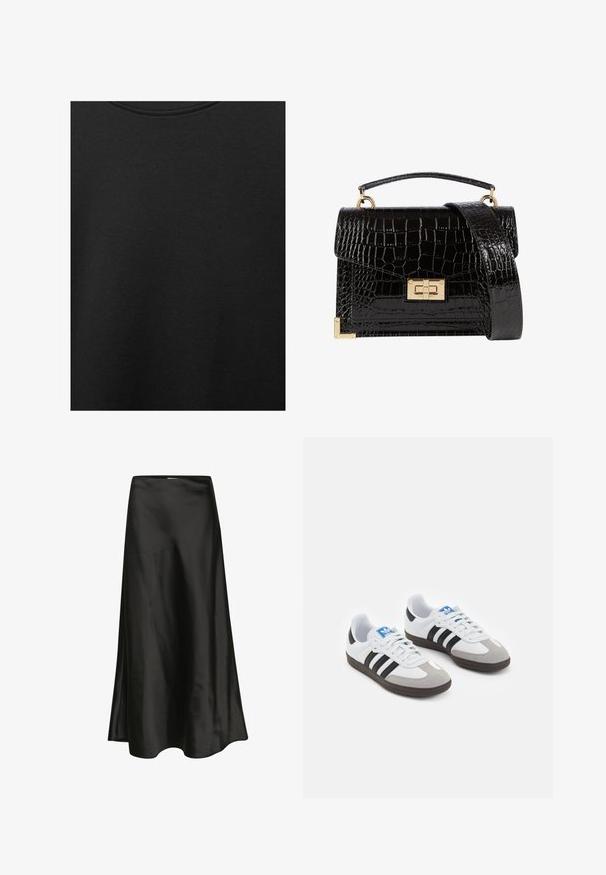 Zwarte katoen stof met een soepele textuur en een ronde halslijn, met een subtiele, gelijkmatige nerfpatroon. Geen zichtbare logo's of accenten.; Zwarte satijnen rok met een gladde textuur, A-lijn vorm en een subtiele glans. Beschikt over een gebogen zoom en een eenvoudig ontwerp van de tailleband.; Sportschoenen met een witte leren bovenkant, grijze suède neus en drie zwarte strepen. Bevat een blauw logo op de tong en een gestructureerde rubberen zool.; Zwarte patenten leren handtas met een krokodillenstructuur, gouden hardware, een bovenhandvat en een afneembare schouderband. Rechthoekige vorm met een klepafsluiting.