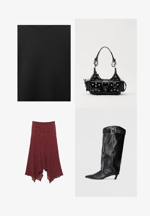 Schwarzer Baumwollstoff mit glatter Textur und Rundhalsausschnitt, der ein dezentes, gleichmäßiges Strukturmuster aufweist. Keine sichtbaren Logos oder Akzente.; Burgunderfarbene Spitzröhre mit einem ausgestellten Schnitt, die ein strukturiertes Muster und einen asymmetrischen Saum für ein fließendes Aussehen aufweist.; Schwarzer, lederner Knöchelhoher Stiefel mit spitzer Zehe und kleinem Absatz. Verfügt über einen Gürtel am oberen Ende mit einer silbernen Schnalle. Glatte Textur.; Schwarze Lederhandtasche mit einem geschwungenen Design, verziert mit silbernen Nieten, einer Schnalle und zwei seitlichen Taschen. Verstellbarer Träger für verschiedene Tragemöglichkeiten.