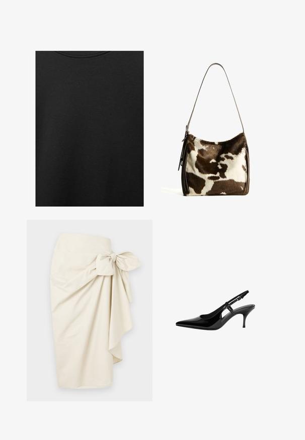 Črn bombažni material z gladko teksturo in okroglo izrezom, ki ima subtilen, enakomeren vzorec. Brez vidnih logotipov ali akcentov.; Kremno oblečen zavojni krilo, narejeno iz gladkega materiala, z velikim detajlom v loku na pasu in tekočo, drapirano silhueto.; Črne patentne usnjene slingback čevlje s koničastim nosom, odprtimi stranskimi izrezi, ozkim petam in nastavljivim gležnjava.; Rjav in krem torba iz kravjega usnja s gladkim usnjenim trakom, z zadrgo in mehko, strukturo površino, ki prikazuje naravni vzorec.