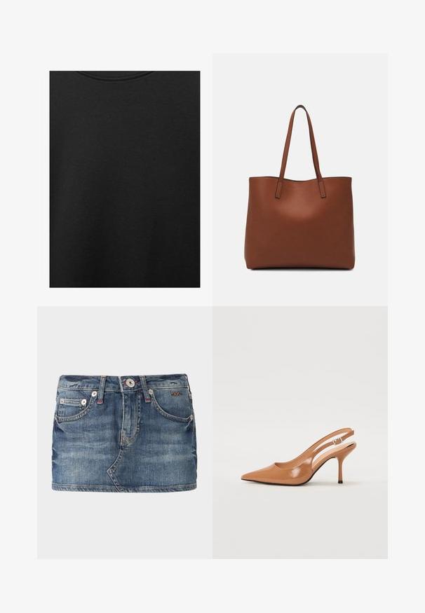 Musta puuvillakangas, jossa on sileä pinta ja pyöreä pääntie, ominaisuutena hienovarainen ja tasainen rakennekuvio. Ei näkyviä logoja tai korostuksia.; BDG Urban Outfitters ULTRA MINI - Minihame - vintage; Korkokenkä, jossa on terävä kärki ja avonainen kanna, valmistettu sileästä, kiiltävästä ruskeasta materiaalista. Sisältää kaarevan leikkuun muotoilun ja hoikan stilettokannan. Hopeinen solkiyksityiskohta.; Ruskea nahkainen olkalaukku, jossa on sileä pinta, avoin yläosa ja kaksi olkahihnaa. Omaavat vain minimaalisen ompelun eikä näkyvää metalliosaa.