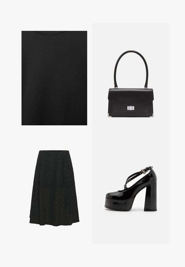 Sort bomuldsstof med glat struktur og rund halsudskæring, prydet med et subtilt, jævnt kornmønster. Ingen synlige logoer eller accenter.; Sort nederdel lavet af tekstureret stof med et subtilt geometrisk mønster, med en udvidet design og plisseringer for ekstra volumen.; The Kooples CHAUSSURES - Højhælede pumps - black; Sort læderhåndtaske med et struktureret design, et topgreb og en sølvklips. Har hjørneaccenter og en glat tekstur.
