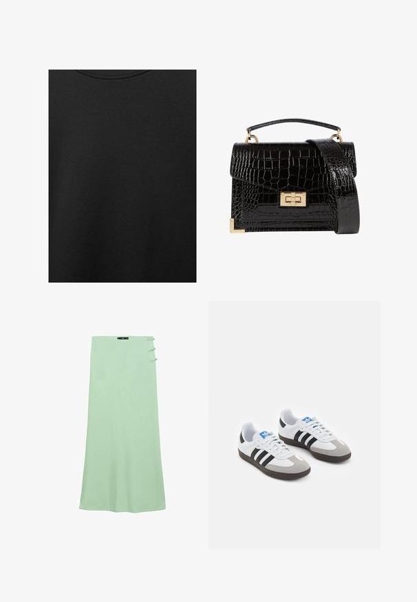 Tessuto di cotone nero con una texture liscia e scollatura rotonda, caratterizzato da un motivo a grana sottile e uniforme. Nessun logo o accento visibile.; Gonna maxi verde chiaro realizzata in un tessuto morbido. Presenta un taglio dritto e tre bottoni decorativi sul lato sinistro.; Scarpe sportive con tomaia in pelle bianca, punta in suede grigia e tre strisce nere. Presentano un logo blu sulla linguetta e una suola in gomma testurizzata.; Borsa a tracolla nera in pelle verniciata con texture a coccodrillo, hardware dorato, manico superiore e una tracolla removibile. Forma rettangolare con chiusura a patta.