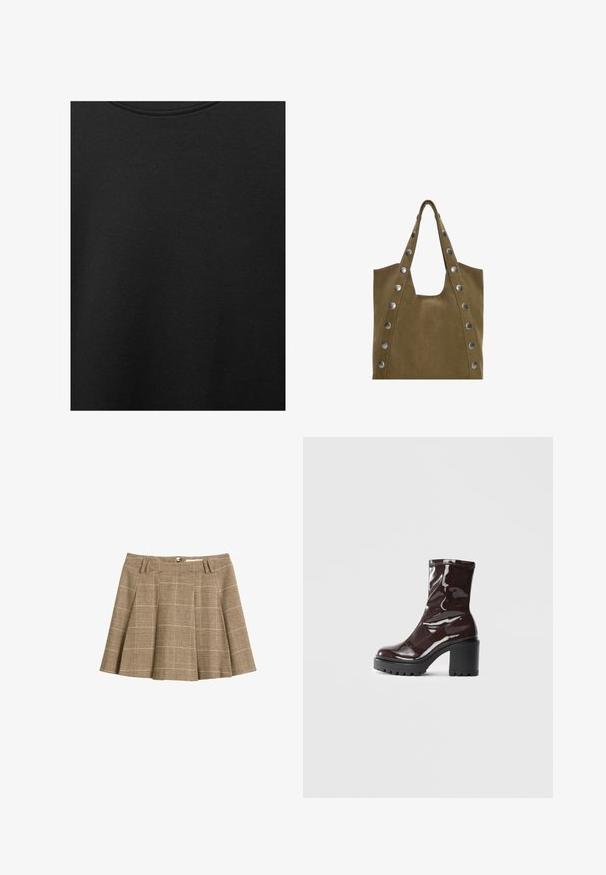 Tessuto di cotone nero con una texture liscia e scollatura rotonda, caratterizzato da un motivo a grana sottile e uniforme. Nessun logo o accento visibile.; Gonna a quadri marrone con design svasato, pieghe e una vita con passanti per la cintura. Realizzata in tessuto testurizzato con un motivo a scacchi.; Stivale alla caviglia bordeaux lucido con un tacco spesso nero, caratterizzato da una superficie liscia e un design semplice. Nessuna chiusura visibile o motivo.; Borsa a tote in suede khaki con due manici superiori, caratterizzata da grandi rivetti argentati lungo i lati e un'ampia apertura superiore per un facile accesso.
