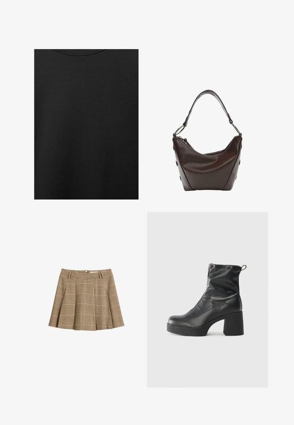 Schwarzer Baumwollstoff mit glatter Textur und Rundhalsausschnitt, der ein dezentes, gleichmäßiges Strukturmuster aufweist. Keine sichtbaren Logos oder Akzente.; Brauner kariertes Rock mit schwingendem Design, Falten und einem Bund mit Gürtelschlaufen. Hergestellt aus einem strukturierten Stoff mit einem Karomuster.; Schwarze Stiefeletten aus glattem Leder mit seitlichem Reißverschluss, klobigem strukturiertem Absatz und runder Zehenform.; Dunkelbraune Lederhandtasche mit geschwungener Form, Reißverschlussverschluss und kurzem Griff. Sie verfügt über Metallbeschläge und dekorative schwarze Knöpfe an der Seite.