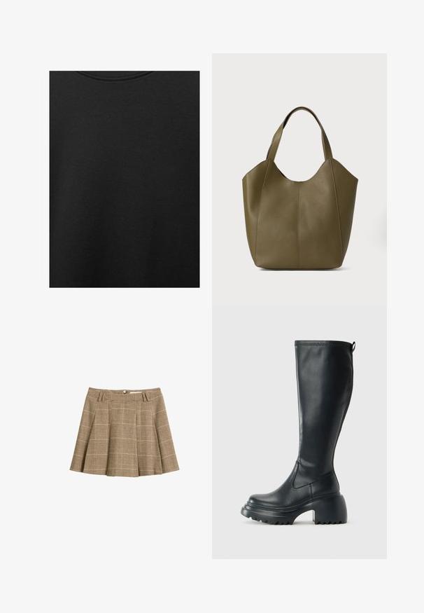 Black cotton fabric with smooth texture and a round neckline, featuring a subtle, even grain pattern. No visible logos or accents.; Brown plaid skirt featuring a flared design, pleats, and a waistband with belt loops. Made of textured fabric with a check pattern.; Tall black leather boot with chunky platform sole and block heel, featuring pull tab and textured tread on outsole.; Olive green leather tote bag with dual straps, smooth texture, and four panel design. Reinforced stitching along seams for durability.