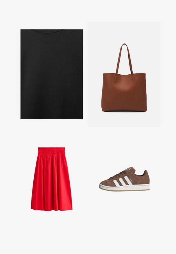 Zwarte katoen stof met een soepele textuur en een ronde halslijn, met een subtiele, gelijkmatige nerfpatroon. Geen zichtbare logo's of accenten.; Rode, knielange rok met een elastische tailleband, gemaakt van gladde stof, met een uitlopende ontwerp en zonder zichtbare patronen of accenten.; Bruine suède sneaker met witte leren strepen, rubberen zool, ronde neus en vetersluiting. Kenmerkt zich door een logo op de tong en geperforeerde accenten.; Bruine leren tote bag met een gladde textuur, een ontwerp met een open bovenkant en twee schouderbanden. Kenmerkt zich door minimale stiksels en geen zichtbare hardware.