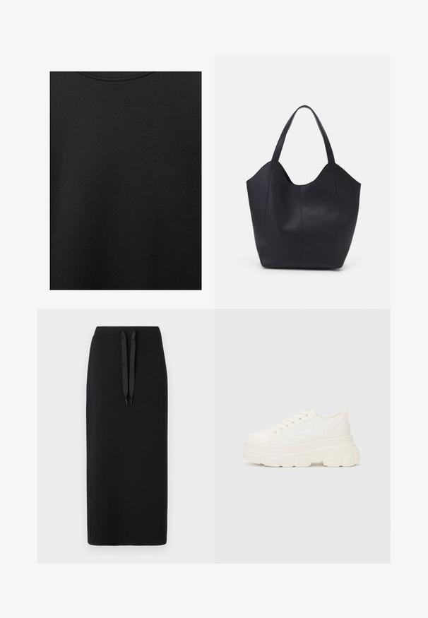 Musta puuvillakangas, jossa on sileä pinta ja pyöreä pääntie, ominaisuutena hienovarainen ja tasainen rakennekuvio. Ei näkyviä logoja tai korostuksia.; Mustaväri midi-hame, joka on valmistettu pehmeästä kankaasta ja jossa on säätönyöri vyötäröllä. Yksinkertainen muotoilu suoran siluetin kanssa ilman lisäkuvioita.; Valkoinen kangaskenkä paksulla pohjalla, pyöreällä kärjellä ja viidellä nauhakuutiolla. Takareunan vipu helpottaa pukemista. Sileä pinta, minimalistinen muotoilu.; Mustat kangaskassit, jotka on valmistettu sileästä nahasta, jossa on kaareva, avoin yläosa, kaksi olkahihnaa ja minimalistinen muotoilu.