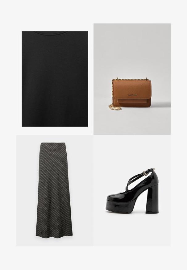 Sort bomuldsstof med glat struktur og rund halsudskæring, prydet med et subtilt, jævnt kornmønster. Ingen synlige logoer eller accenter.; Sort midi-nederdel med diagonale hvide striber, lavet af et glat stof. Har en udvidet design og en A-formet silhuet.; The Kooples CHAUSSURES - Højhælede pumps - black; Brun tekstureret læder crossover-taske med guldkæde-rem og klaplukning. Forsiden har logo-detalje og en lomme under klappen.
