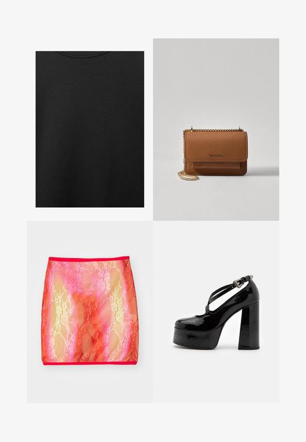 Black cotton fabric with smooth texture and a round neckline, featuring a subtle, even grain pattern. No visible logos or accents.; Sheer lace mini skirt with a gradient of pinks and reds, featuring a floral pattern, finished with a solid red waistband.; The Kooples CHAUSSURES - High heels - black; Brown textured leather crossbody bag with gold chain strap and flap closure. Front features logo detail and a pocket under the flap.