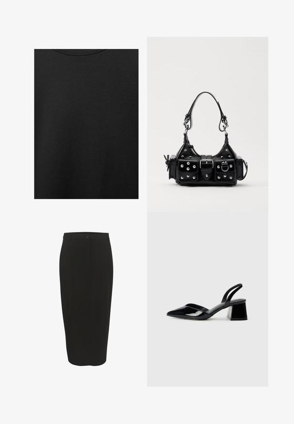 Fekete pamut anyag sima textúrával és kerek nyakkivágással, finom, egyenletes szemcsés mintázattal. Nincsenek látható logók vagy díszítések.; Fekete ceruza szoknya sima anyagból, magas derékkal, egy gombos záródással és struktúrált formával, térd alatt érve.; Fekete lakk bőr szandálkés magas sarkú cipő, hegyes orral és geometrikus tömbsarkakkal. Karcsú, minimalista dizájn és sima textúra jellemzi.; Fekete bőr kézitáska ívelt designnal, ezüst szegecsekkel, csattal és két oldalsó zsebbel. Állítható vállpánt a hordozási lehetőségekhez.