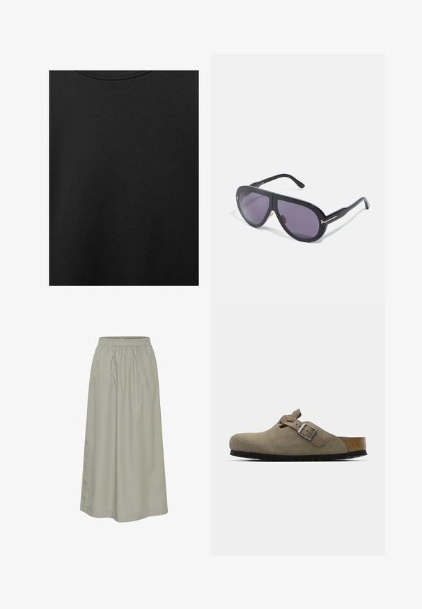 Schwarzer Baumwollstoff mit glatter Textur und Rundhalsausschnitt, der ein dezentes, gleichmäßiges Strukturmuster aufweist. Keine sichtbaren Logos oder Akzente.; Helles grünes, knielanges Rock aus weichem Stoff mit elastischem Bund, der ein gerafftes Design und dezente Nähdetails aufweist.; Wildleder-Clogs in hellolivgrün mit einer geformten Kork- und Gummisohle. Verfügt über einen Seitenriemen mit einer metallischen Schnalle und einer abgerundeten Zehenpartie.; Schwarze Sonnenbrille mit übergroßen, eckigen Rahmen, dunkellila Gläsern und goldfarbenen Akzenten an den Bügeln. Matte Oberfläche mit glatter Textur.; Schwarze Nylon-Umhängetasche mit geschwungener Form, silbernem Kettenakzent, abnehmbarem Mini-Pouch und verstellbarem Trageriemen; mit "Steve Madden"-Logo.