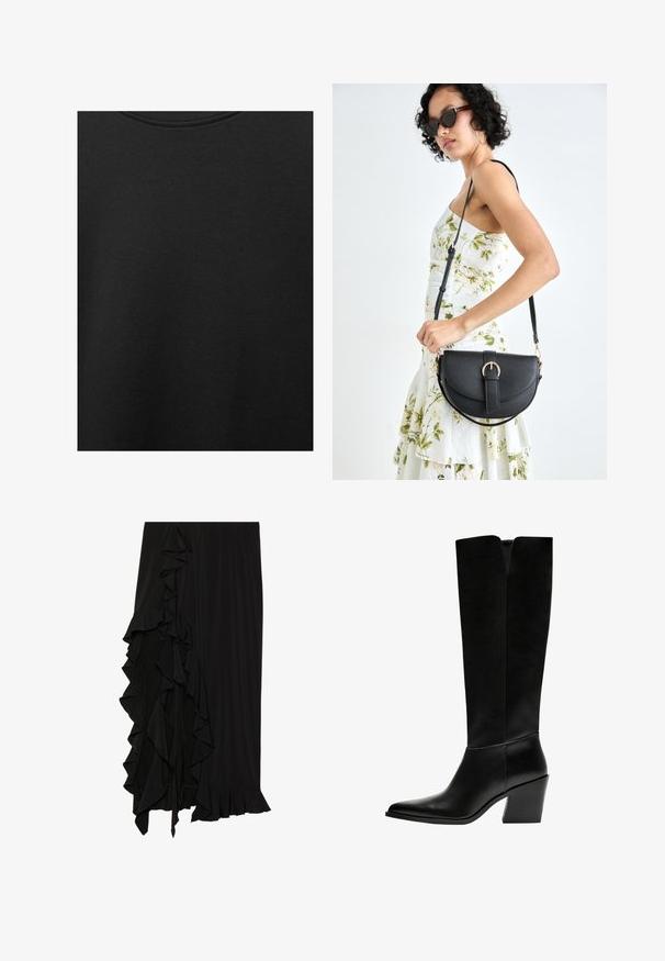 Țesătură de bumbac neagră cu o textură netedă și un guler rotund, având un model de granulație subtil și uniform. Fără logo-uri sau accente vizibile.; Fustă neagră dintr-un material moale, cu un detaliu volan pe partea stângă și un tiv încrețit la baza, creând o siluetă fluidă.; Cizme negre până la genunchi, fabricate din piele netedă, cu vârf ascuțit, toc pătrat și o decupare în formă de V în partea de sus.; Geantă din piele neagră, cu o formă curbată, curea detașabilă și accesorii aurii. Geanta are un capac cu un detaliu tip cataramă.