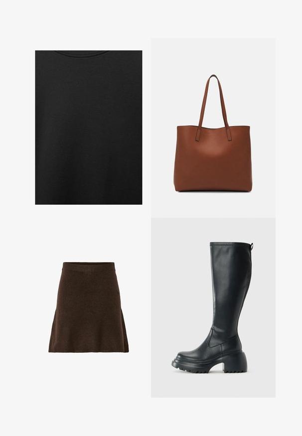 Czarna bawełniana tkanina o gładkiej teksturze i okrągłym dekolcie, z delikatnym, równomiernym wzorem włókna. Brak widocznych logo lub akcentów.; Brąskowa dzianinowa spódnica o rozkloszowanym kształcie, z szerokim elastycznym pasem i miękką strukturą. Brak widocznych wzorów lub detali sprzętowych.; Wysokie czarne skórzane botki z masywną platformą i słupkowym obcasem, z uchwytem i teksturowanym bieżnikiem na podeszwie.; Brązowa skórzana torba tote o gładkiej fakturze, z otwartym wierzchem i dwoma ramiączkami. Charakteryzuje się minimalnym przeszyciem i brakiem widocznych elementów metalowych.