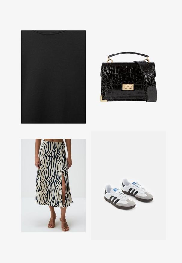 Tissu en coton noir avec une texture lisse et un col rond, présentant un motif grainé subtil et uniforme. Pas de logos ou d'accents visibles.; Une jupe à hauteur de genoux avec une base crème et de fortes rayures zébrées bleu marine, une fente sur le côté et une texture de tissu léger.; Baskets avec une tige en cuir blanc, un bout en daim gris et trois bandes noires. Présente un logo bleu sur la languette et une semelle en caoutchouc texturée.; Sac à main en cuir verni noir avec une texture crocodile, quincaillerie dorée, une poignée supérieure et une bandoulière amovible. Forme rectangulaire avec une fermeture à rabat.