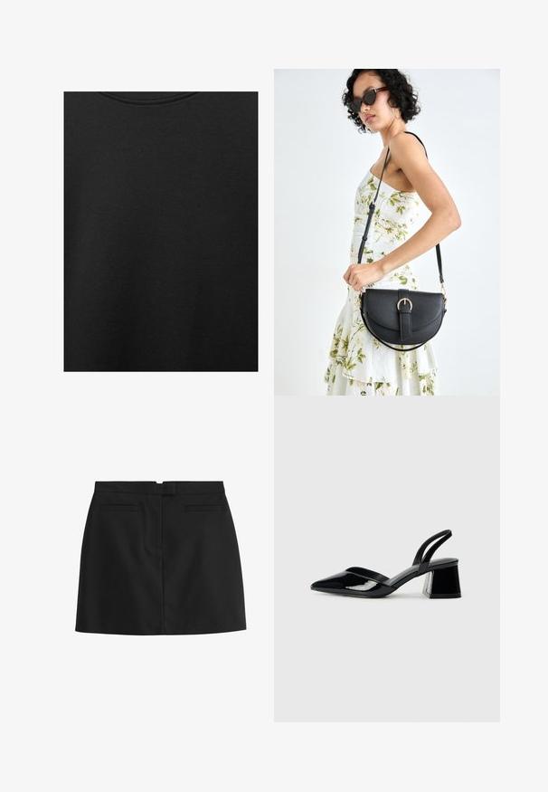 Tissu en coton noir avec une texture lisse et un col rond, présentant un motif grainé subtil et uniforme. Pas de logos ou d'accents visibles.; Mini-jupe noire en tissu lisse, avec une coupe droite, deux poches arrière et une fermeture éclair dissimulée au dos.; Escarpins en cuir verni noir avec bout pointu et talon bloc géométrique. Présente un design élégant et minimaliste ainsi qu'une texture lisse.; Sac à main en cuir noir avec une forme courbée, bandoulière amovible et des accessoires en or. Le sac est doté d'un rabat avec un détail de boucle.