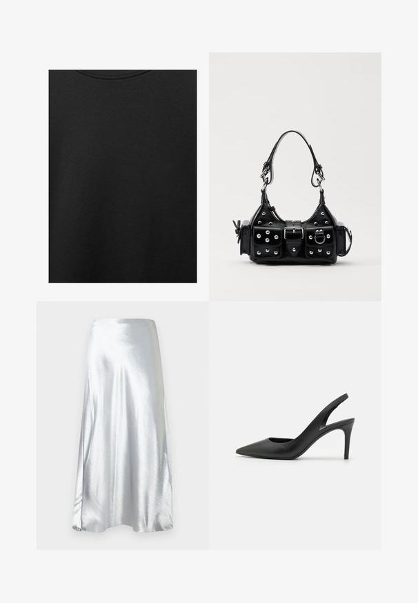 Schwarzer Baumwollstoff mit glatter Textur und Rundhalsausschnitt, der ein dezentes, gleichmäßiges Strukturmuster aufweist. Keine sichtbaren Logos oder Akzente.; Silberner Satin-Midirock mit glatter Textur, ausgestelltem Design und dezentem Glanz. Mit geradem Taillenbund und A-Linien-Silhouette.; Schwarze Leder Slingback High Heels mit einem spitzen Zehendesign, das an der Vorderseite ein Ausschnitt hat und einen dünnen Stilettoblock. ; Schwarze Lederhandtasche mit einem geschwungenen Design, verziert mit silbernen Nieten, einer Schnalle und zwei seitlichen Taschen. Verstellbarer Träger für verschiedene Tragemöglichkeiten.