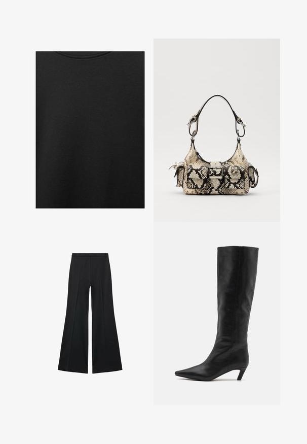 Tessuto di cotone nero con una texture liscia e scollatura rotonda, caratterizzato da un motivo a grana sottile e uniforme. Nessun logo o accento visibile.; Pantaloni neri a gamba larga con una texture liscia, caratterizzati da pieghe frontali e un design sartoriale. Il tessuto è leggero e fluido.; RAID FLAURA - Stivali alti - black; Borsa Python-print in beige e nero, caratterizzata da una forma strutturata, dettaglio con fibbia e doppi manici. Superficie texture.