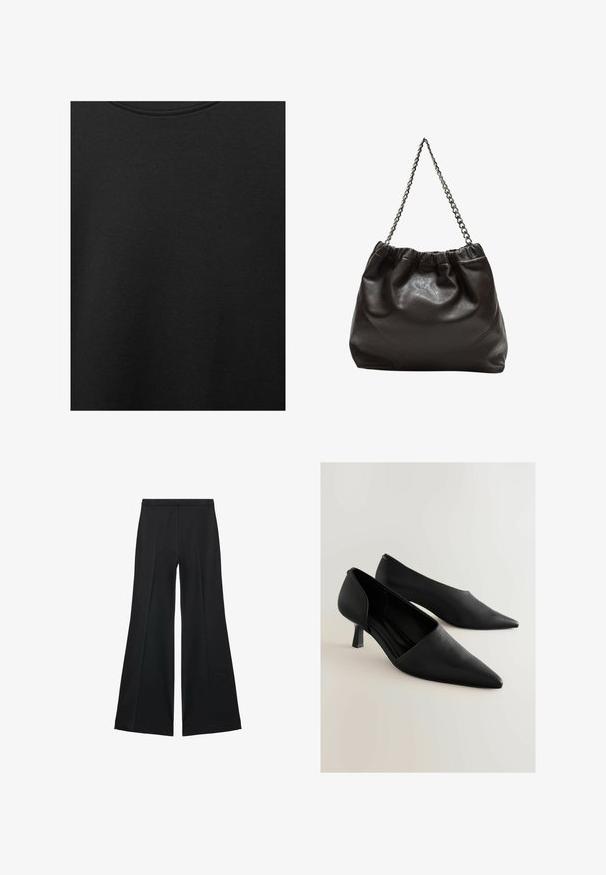 Čierna bavlnená tkanina s hladkou textúrou a okrúhlym výstrihom, s jemným, rovnomerným zrnom. Žiadne viditeľné logo ani akcenty.; Čierne široké nohavice s hladkou textúrou, s prednými záhybmi a elegantným strihom. Materiál je ľahký a pruhlý.; Čierne kožené topánky na vysokom podpätku s špicatou špičkou, ktoré majú minimalistický dizajn a krátky štvorcový podpätok. Hladká textúra a štíhla silueta.; Hnedá kožená taška so zberaným vrchom a reťazovým popruhom. Hladký povrch s lesklým finišom a jemným švom po stranách.