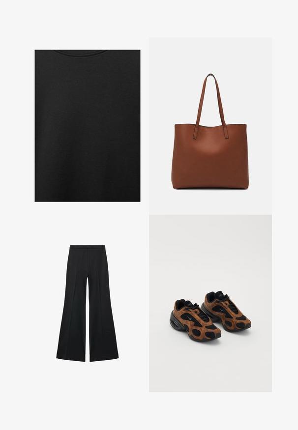 Crni pamučni materijal s glatkom teksturom i okruglim izrezom, s nježnim, ravnomjernim uzorkom. Nema vidljivih logotipa ili akcenata.; Crne široke hlače s glatkom teksturom, koje imaju prednje nabore i kroj po mjeri. Tkanina je lagana i lepršava.; Smeđi antilop i crne mrežaste tenisice zaobljenog oblika, s istaknutim izrezima i masivnom crnom potplatom.; Smeđa kožna torba preko ramena s glatkom teksturom, otvorenim vrhom i dvjema naramenicama. Ima minimalne šavove i nema vidljivog hardvera.