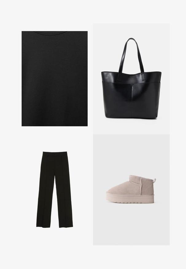 Sort bomuldsstof med glat struktur og rund halsudskæring, prydet med et subtilt, jævnt kornmønster. Ingen synlige logoer eller accenter.; Sorte brede bukser lavet af et glat stof, med en tætsiddende talje og subtile frontfolder for ekstra tekstur.; Lavskåret beige ruskinds vinterstøvle med tyk sål og bageste trækflap på ensfarvet hvid baggrund, vist i sideprofil.; Sort læder tote taske med to lange håndtag, en glat tekstur og en struktureret form. Har en forlommem for ekstra opbevaring.