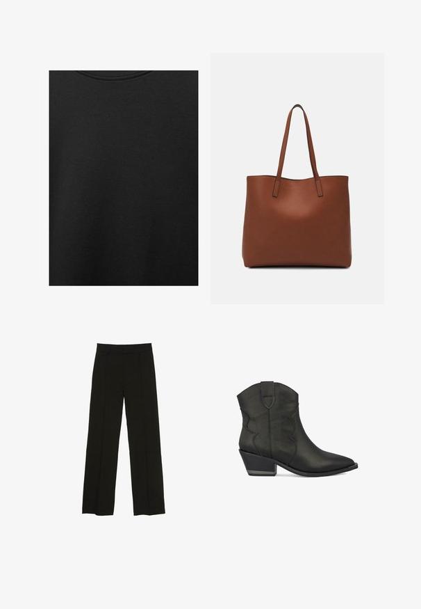 Czarna bawełniana tkanina o gładkiej teksturze i okrągłym dekolcie, z delikatnym, równomiernym wzorem włókna. Brak widocznych logo lub akcentów.; Czarne spodnie szerokie na nogawkach wykonane z gładkiego materiału, z dopasowanym paskiem w talii i subtelnymi fałdami z przodu, które dodają tekstury.; Czarne skórzane botki za kostkę z wydłużonym noskiem, w stylu western, ozdobnym przeszyciem oraz słupkiem z metalicznym akcentem z boku.; Brązowa skórzana torba tote o gładkiej fakturze, z otwartym wierzchem i dwoma ramiączkami. Charakteryzuje się minimalnym przeszyciem i brakiem widocznych elementów metalowych.