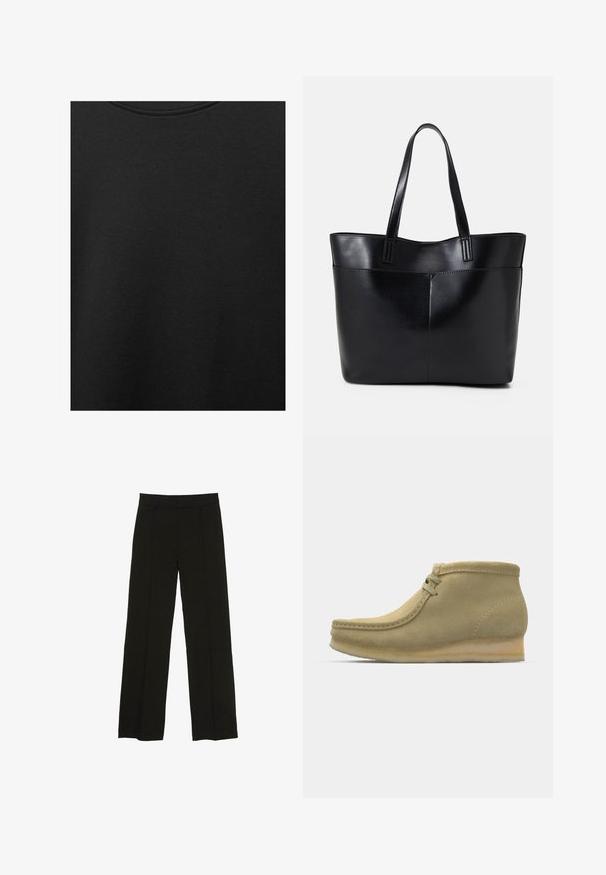 Sort bomuldsstof med glat struktur og rund halsudskæring, prydet med et subtilt, jævnt kornmønster. Ingen synlige logoer eller accenter.; Sorte brede bukser lavet af et glat stof, med en tætsiddende talje og subtile frontfolder for ekstra tekstur.; Beige ruskind ankelstøvler med rund tå, minimal syning, en lille hæl og snørebåndslukning for justerbar pasform.; Sort læder tote taske med to lange håndtag, en glat tekstur og en struktureret form. Har en forlommem for ekstra opbevaring.
