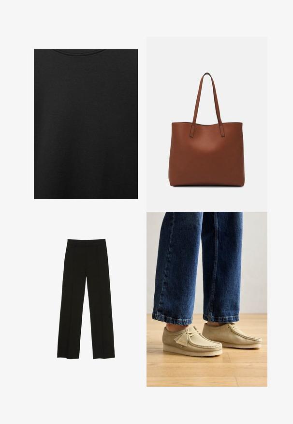 Crni pamučni materijal s glatkom teksturom i okruglim izrezom, s nježnim, ravnomjernim uzorkom. Nema vidljivih logotipa ili akcenata.; Crne široke hlače izrađene od glatkog materijala, s uskim pojasom i suptilnim prednjim naborima za dodatnu teksturu.; Bež semiš cipele s okruglim prstima i niskim profilom. Imaju vezanje i šivane detalje. Nosi se uz skraćene plave traperice.; Smeđa kožna torba preko ramena s glatkom teksturom, otvorenim vrhom i dvjema naramenicama. Ima minimalne šavove i nema vidljivog hardvera.