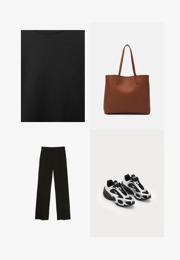 Svart bomullstyg med slät textur och rund halsringning, med ett subtilt, jämnt kornmönster. Inga synliga logotyper eller dekorationer.; Svarta vida byxor tillverkade av ett mjukt tyg, med en åtsittande midja och subtila framveck för en extra textur.; Svarta och silverfärgade atletiska skor med en överdel av mesh och syntetmaterial, som har en distinkt vågig design och vadderad krage, samt luftkuddar i sulan.; Brun läder tote-väska med en slät textur, öppen toppdesign och två axelremmar. Har minimal söm och ingen synlig metalldetalj.