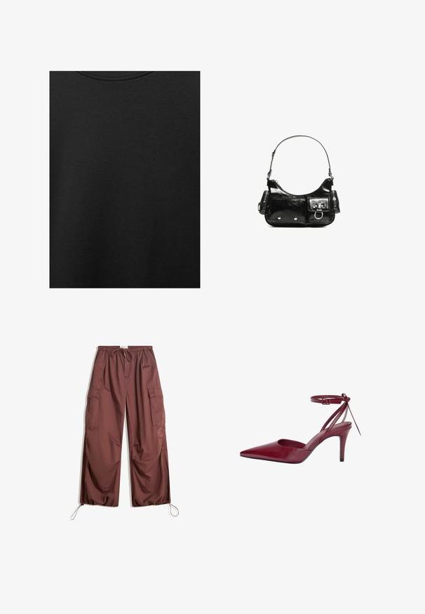 Črn bombažni material z gladko teksturo in okroglo izrezom, ki ima subtilen, enakomeren vzorec. Brez vidnih logotipov ali akcentov.; Široke rjave cargo hlače z elastičnim pasom, vrvico za zategovanje, velikimi stranskimi žepi in nastavljivimi vrvicami pri gležnjih.; Bordo usnjeni čevlji z visokim petam, z ostrim nosom, odprtimi stranmi in trakovi okoli gležnja. Imajo eleganten dizajn in gladko teksturo.; Črna lakasta usnjena torbica s ukrivljeno obliko, enim ramenskim trakom, sprednjimi žepi in srebrnimi kovinskimi dodatki.