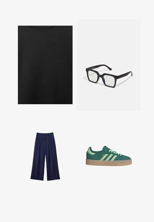 Musta puuvillakangas, jossa on sileä pinta ja pyöreä pääntie, ominaisuutena hienovarainen ja tasainen rakennekuvio. Ei näkyviä logoja tai korostuksia.; Tumma sininen leveälahkeinen housu, jossa on pleateja, napillinen vyötärö ja vyölenkit, esiteltynä litteänä valkoista taustaa vasten.; Vihreät mokkanahkakengät mintunvihreillä yksityiskohdilla, kolme valkoista raitaa ja teksturoitu kumipohja. Liukas viimeistely kielen ja kantapään yksityiskohdissa.; Mustat aurinkolasit mattapinnalla, joissa on läpinäkyvät linssit ja kevyesti sinertävä sävy yhdellä puolella. Vankka, kulmikas muotoilu.