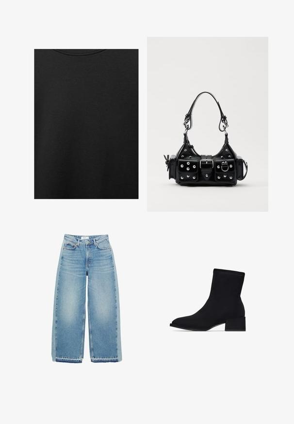 Czarna bawełniana tkanina o gładkiej teksturze i okrągłym dekolcie, z delikatnym, równomiernym wzorem włókna. Brak widocznych logo lub akcentów.; Jasnoniebieskie dżinsy szerokie w nogawkach, wykonane z denimu, z wysokim stanem, zapięciem na guzik, kieszeniami z przodu i surowym dołem.; Czarne botki za kostkę wykonane z gładkiego materiału, z zakończeniem w szpic i masywnym obcasem. Szwy dodają subtelnej tekstury do wzoru.; Czarna skórzana torebka w zakrzywionym kształcie, z srebrnymi ćwiekami, klamrą i dwoma bocznymi kieszeniami. Regulowany pasek umożliwiający różne opcje noszenia.
