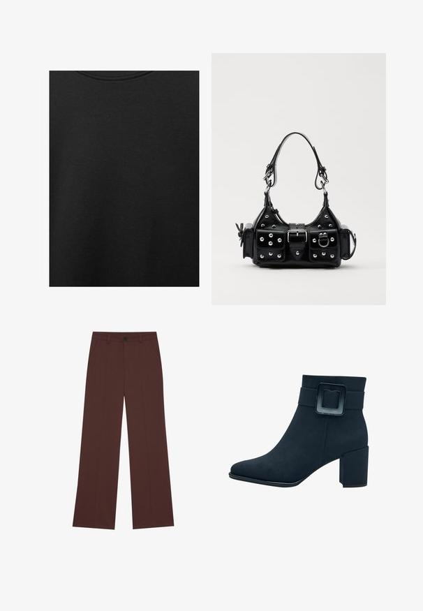 Črn bombažni material z gladko teksturo in okroglo izrezom, ki ima subtilen, enakomeren vzorec. Brez vidnih logotipov ali akcentov.; Široke hlače iz bogateg rjavega blaga. S funkcijo zaklepanja z gumbom, dvema sprednjima žepoma, gladko teksturo in čistimi liniami.; Črne semišne gležnjarje z ravnim nosom in širokim blokom peto. Imajo širok trak z pravokotno sponko.; Črna usnjena torbica s ukrivljenim dizajnom, ki vsebuje srebrne žebljičke, zaponko in dve stranski žepki. Nastavljiv trak za različne možnosti nošenja.