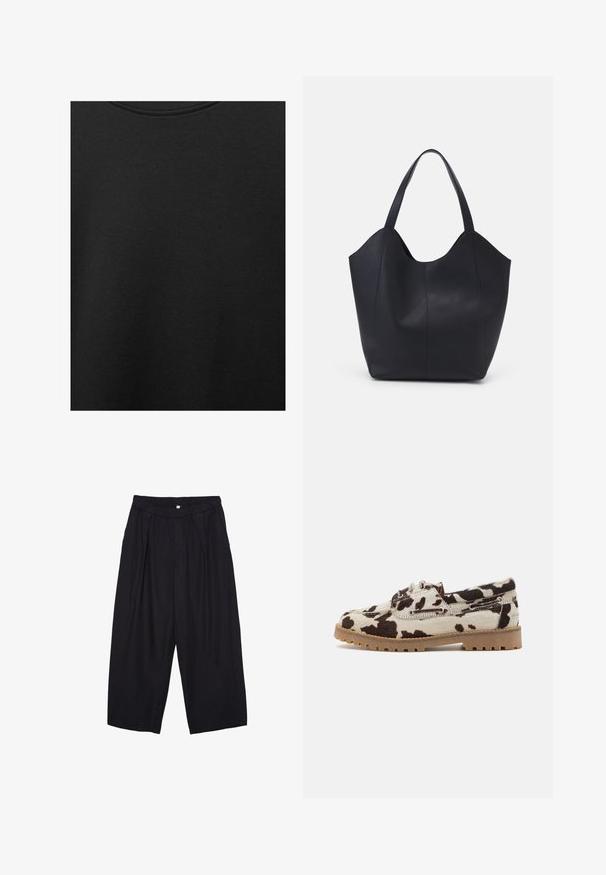 Tissu en coton noir avec une texture lisse et un col rond, présentant un motif grainé subtil et uniforme. Pas de logos ou d'accents visibles.; Pantalon culotte noir en polyester avec une taille élastique, deux plis avant et une silhouette ample. Pas de motifs visibles ni de détails matériels.; Chaussures à motif peau de vache avec une base crème et des taches marron foncé, construites avec une semelle en caoutchouc et un lacet.; Sac fourre-tout noir en cuir lisse, doté d'un haut ouvert et courbé avec deux brides d'épaule et un design minimaliste.