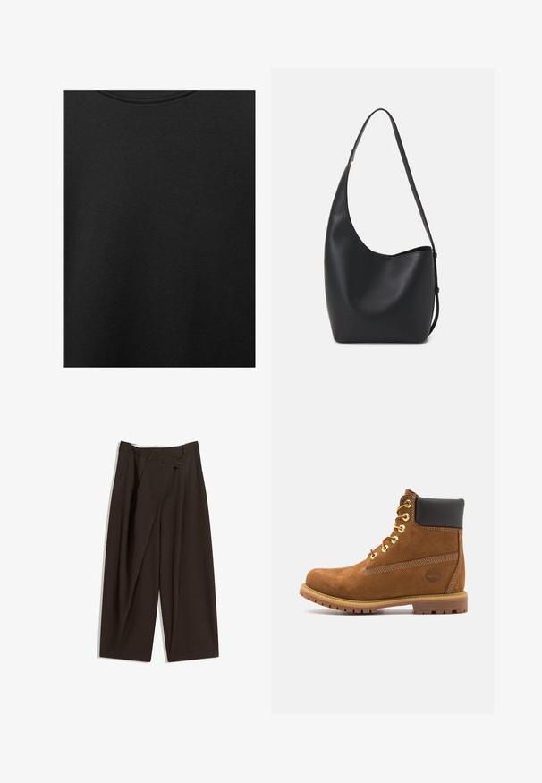 Țesătură de bumbac neagră cu o textură netedă și un guler rotund, având un model de granulație subtil și uniform. Fără logo-uri sau accente vizibile.; Pantaloni largi de culoare maron închis, cu talie înaltă, având închiere cu un singur nasture și un față pliată. Confectionați dintr-un material ușor.; Botine din suede maro cu guler căptușit negru, găuri aurii pentru șireturi, față cu șiret și talpă din cauciuc cu un model texturat.; Geantă hobo din piele neagră, cu o textură netedă, formă curbată și un singur bretele ajustabil; are o deschidere largă în partea de sus.