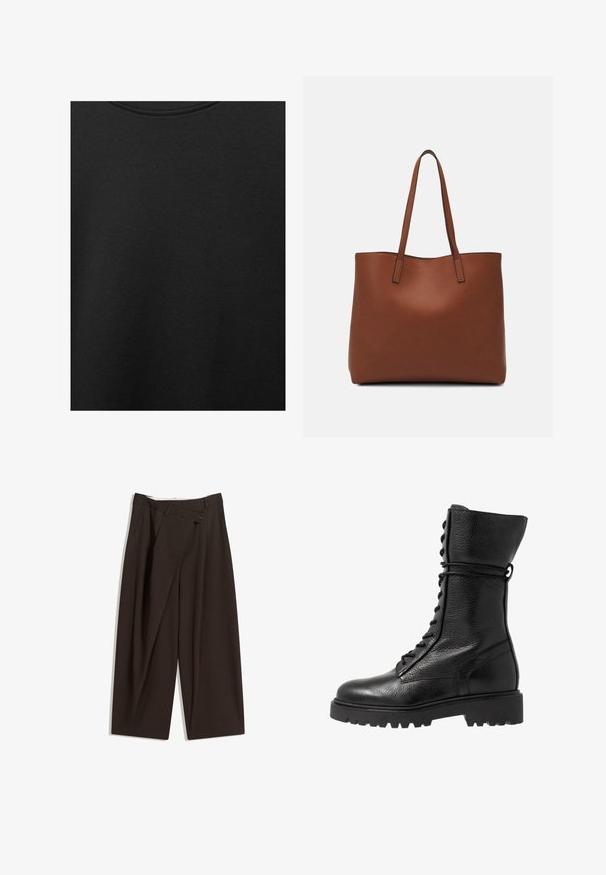 Crni pamučni materijal s glatkom teksturom i okruglim izrezom, s nježnim, ravnomjernim uzorkom. Nema vidljivih logotipa ili akcenata.; Tamno smeđe široke hlače s visokim strukom, s jednim dugmadi na zakopčavanju i pregibom sprijeda. Izrađene od laganog materijala.; Crne kožne vojne čizme s teksturiranim finišem, dizajn do koljena, vezivanje sprijeda i debeli gumeni potplat s rebrastim uzorkom.; Smeđa kožna torba preko ramena s glatkom teksturom, otvorenim vrhom i dvjema naramenicama. Ima minimalne šavove i nema vidljivog hardvera.